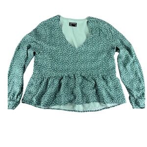 Frank And Oak Green Floral Peplum Blouse V-Neck Long Sleeve Top Womens Medium